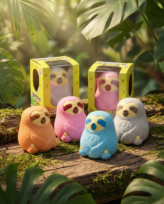 Jouet anti-stress paresseux gris dans son emballage Squeezy-O