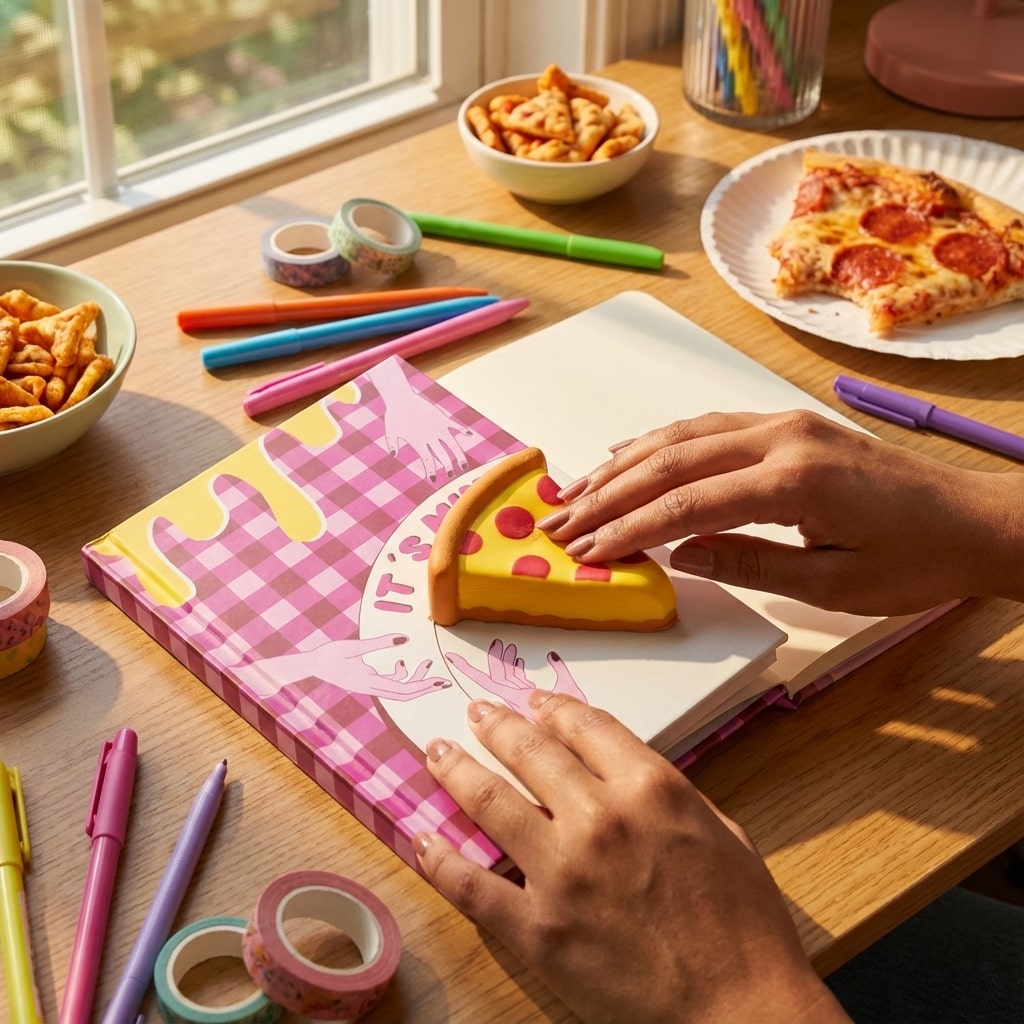 Cahier A5 papier vierge avec figurine squishy pizza sur la couverture, style fun et tactile.