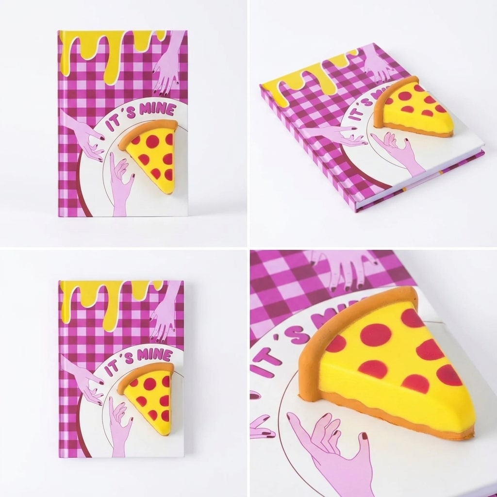 Détail de la figurine squishy pizza collée à la couverture du cahier A5.