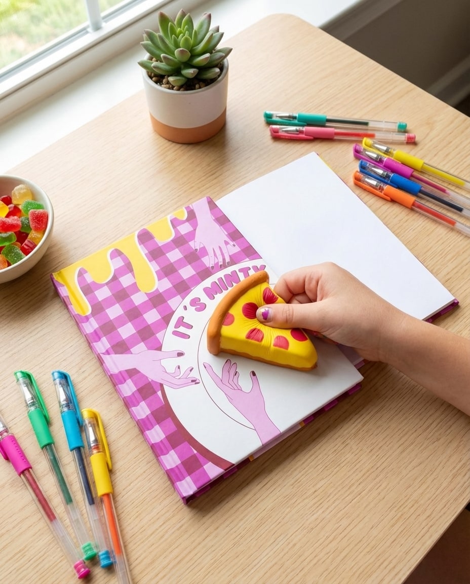 Cahier A5 squishy pizza posé sur un bureau, idée cadeau papeterie kawaii.