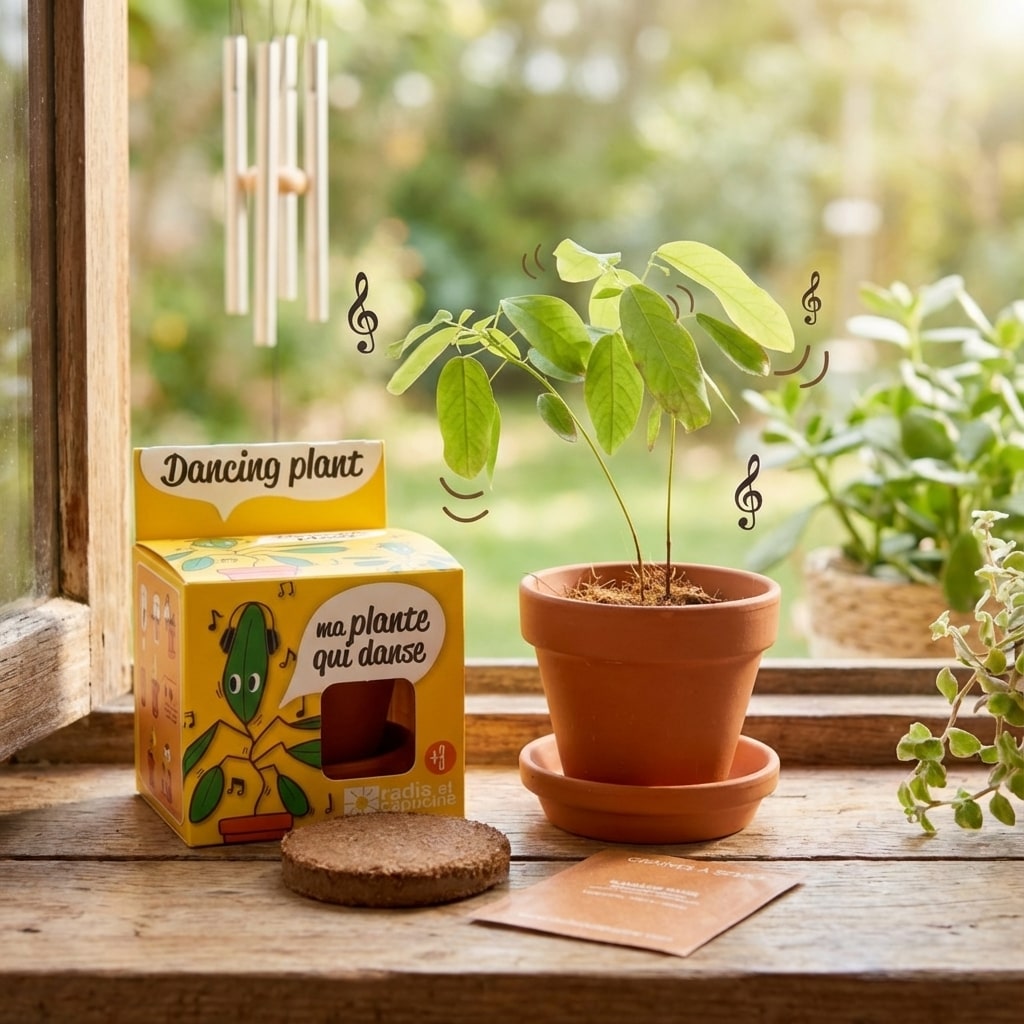 Kit de plantation plante qui danse avec pot, pastille coco et sachet de graines