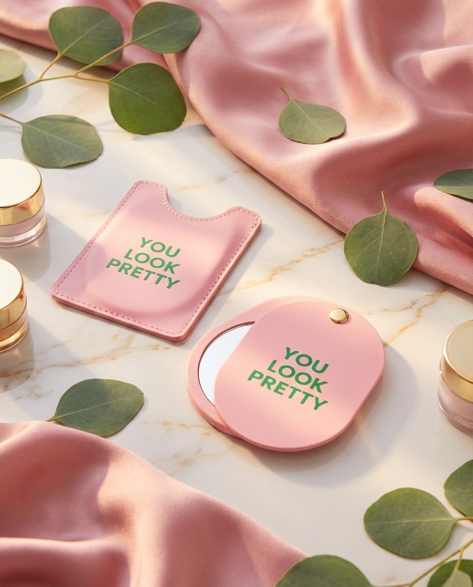 Miroir de poche rose avec message You Look Pretty
