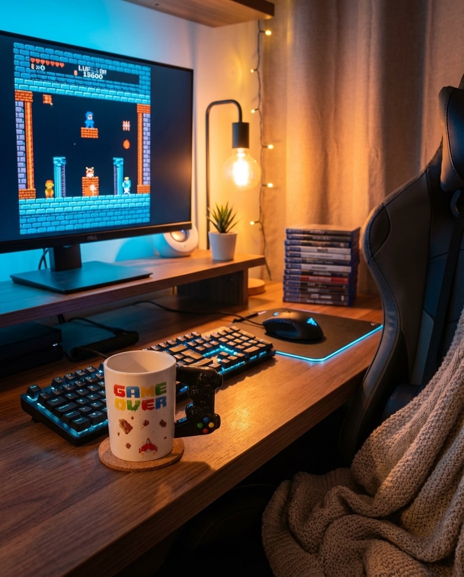 Mug Game Over avec poignée manette posé sur une table