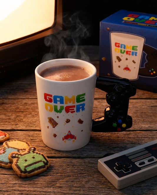 Gros plan sur le mug Game Over et sa poignée manette noire