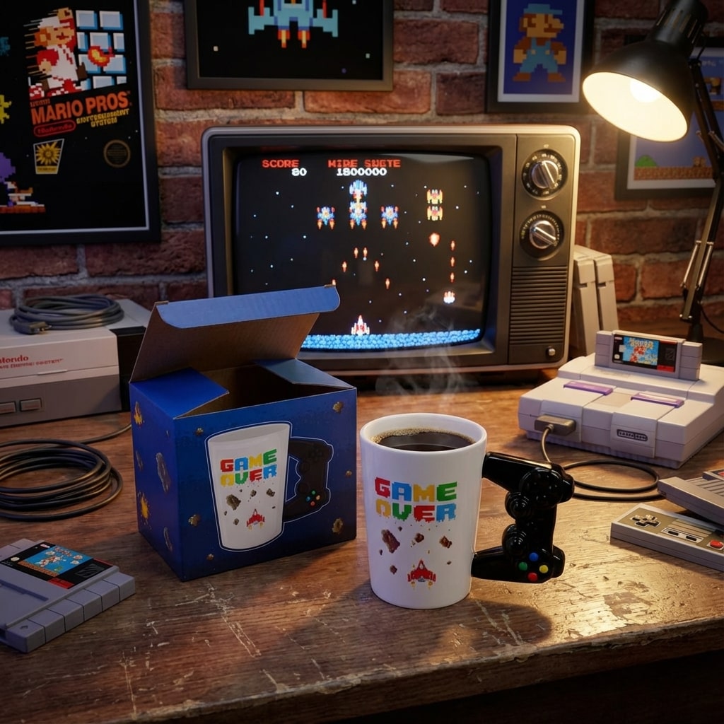 Tasse gamer style rétro avec décorations pixelisées