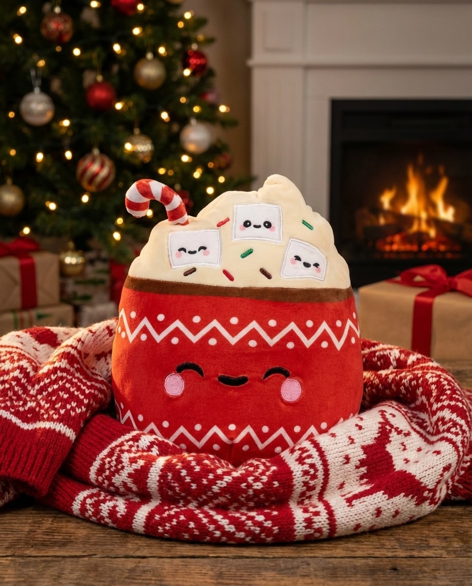 Peluche chocolat chaud XXL posée près d’une tasse de chocolat chaud dans un chalet