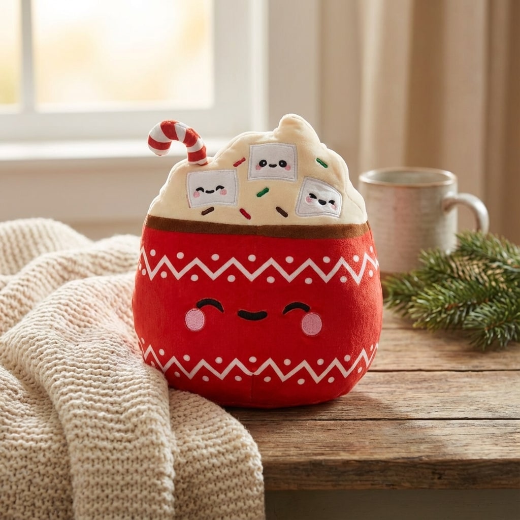 Peluche chocolat chaud XXL posée sur un plaid dans une ambiance cosy lumineuse