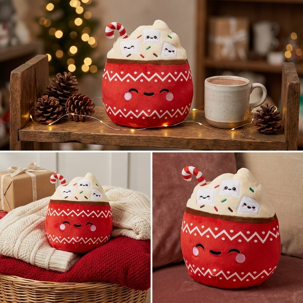 Montage de trois photos montrant la peluche chocolat chaud XXL sous différents angles