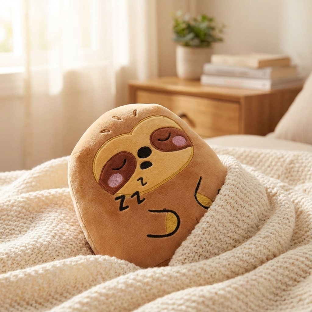 Peluche paresseux Cody vue de trois quarts, détails brodés