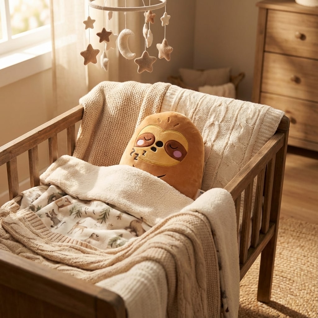 Peluche Cody le paresseux en position assise, expression endormie