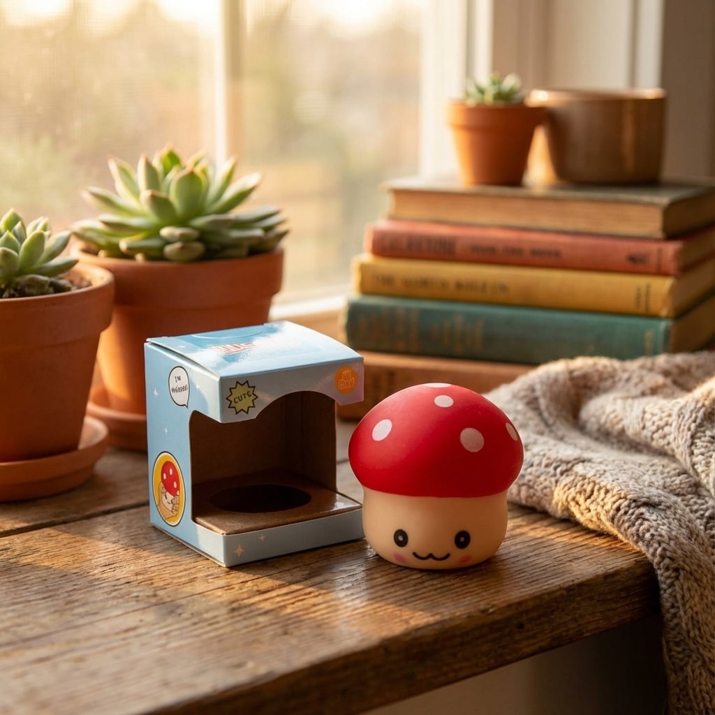 Jouet anti-stress champignon compressé pour montrer la texture.