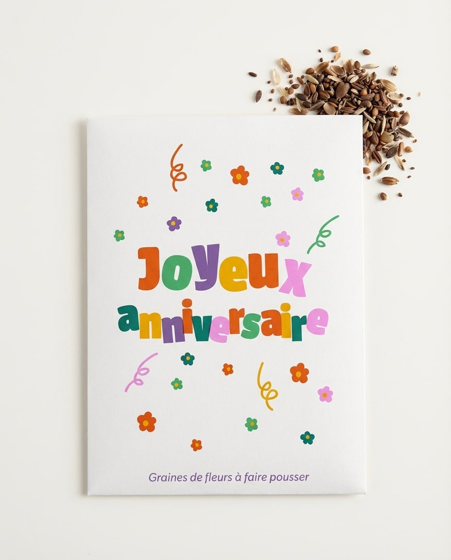 Gros plan sur les graines de fleurs du sachet Joyeux anniversaire