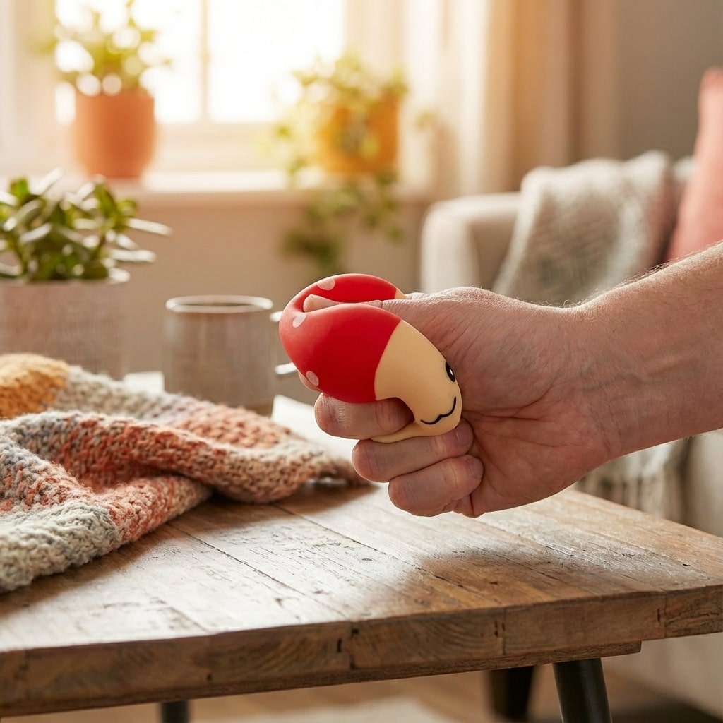 Squishy champignon présenté dans son emballage.