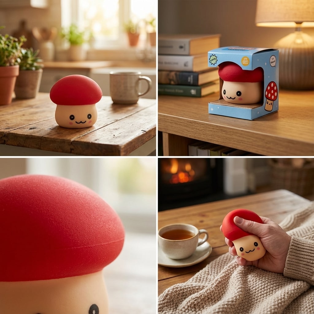 Jouet anti-stress champignon tenu en main pour montrer la souplesse.