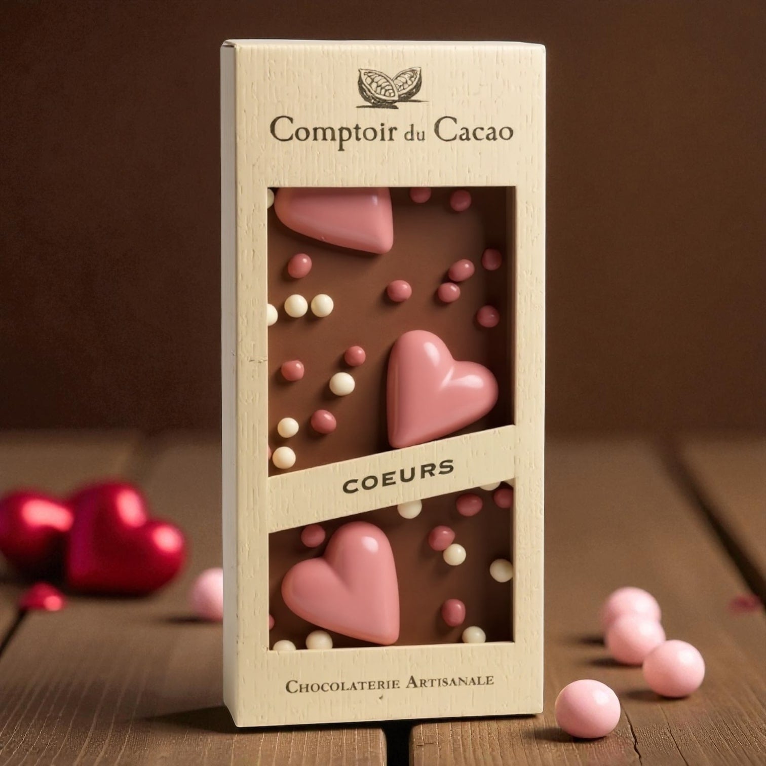 Tablette de chocolat au lait décorée de cœurs roses – Comptoir du Cacao