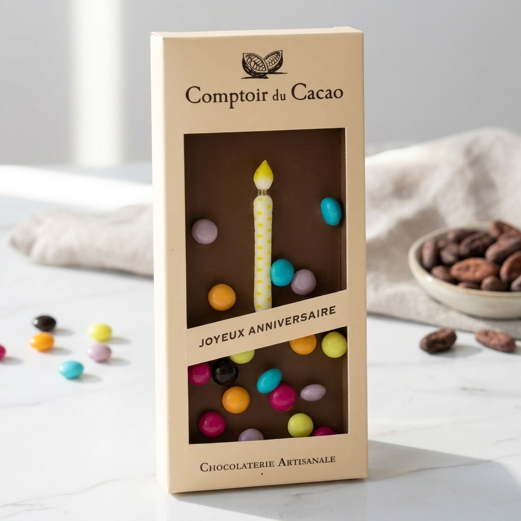 Tablette “Joyeux Anniversaire” présentée en cadeau – Chocolaterie artisanale