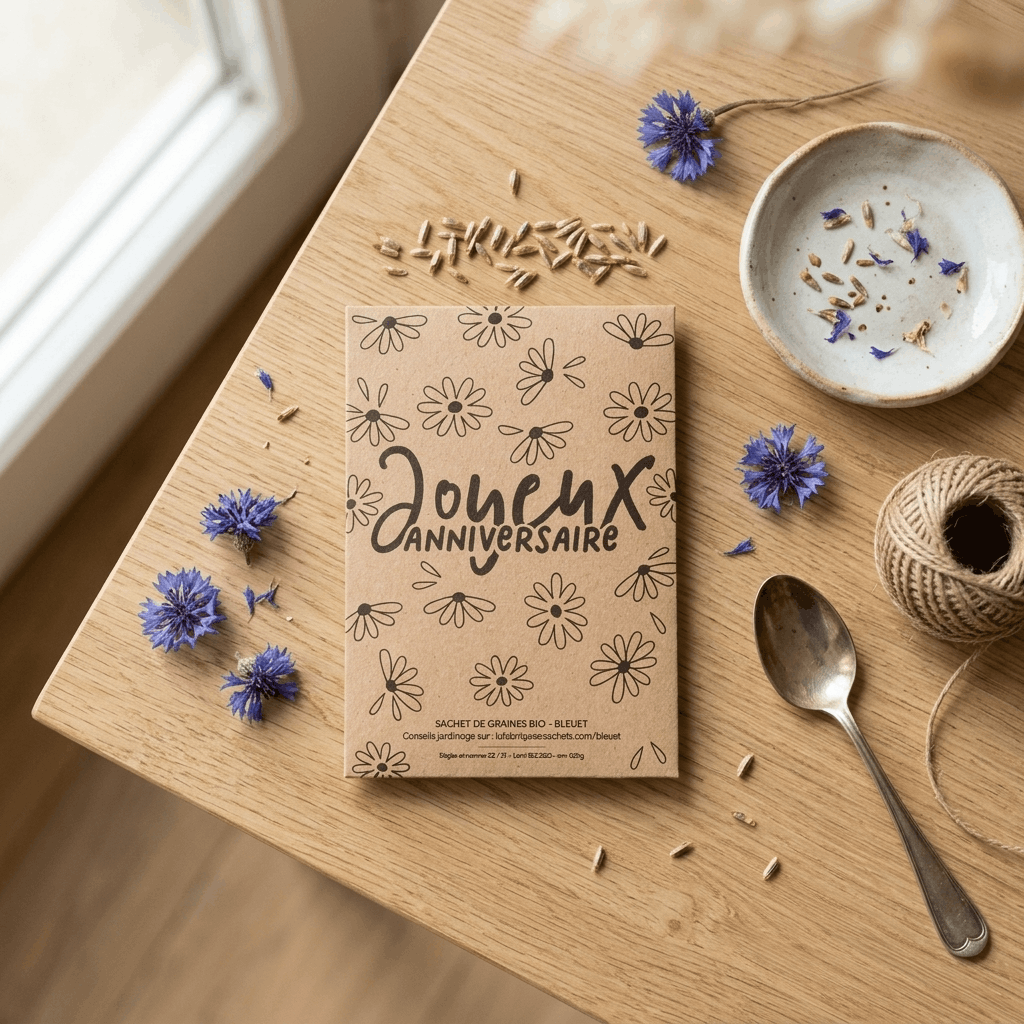 Sachet de graines Joyeux Anniversaire kraft - Bleuet bio, made in France