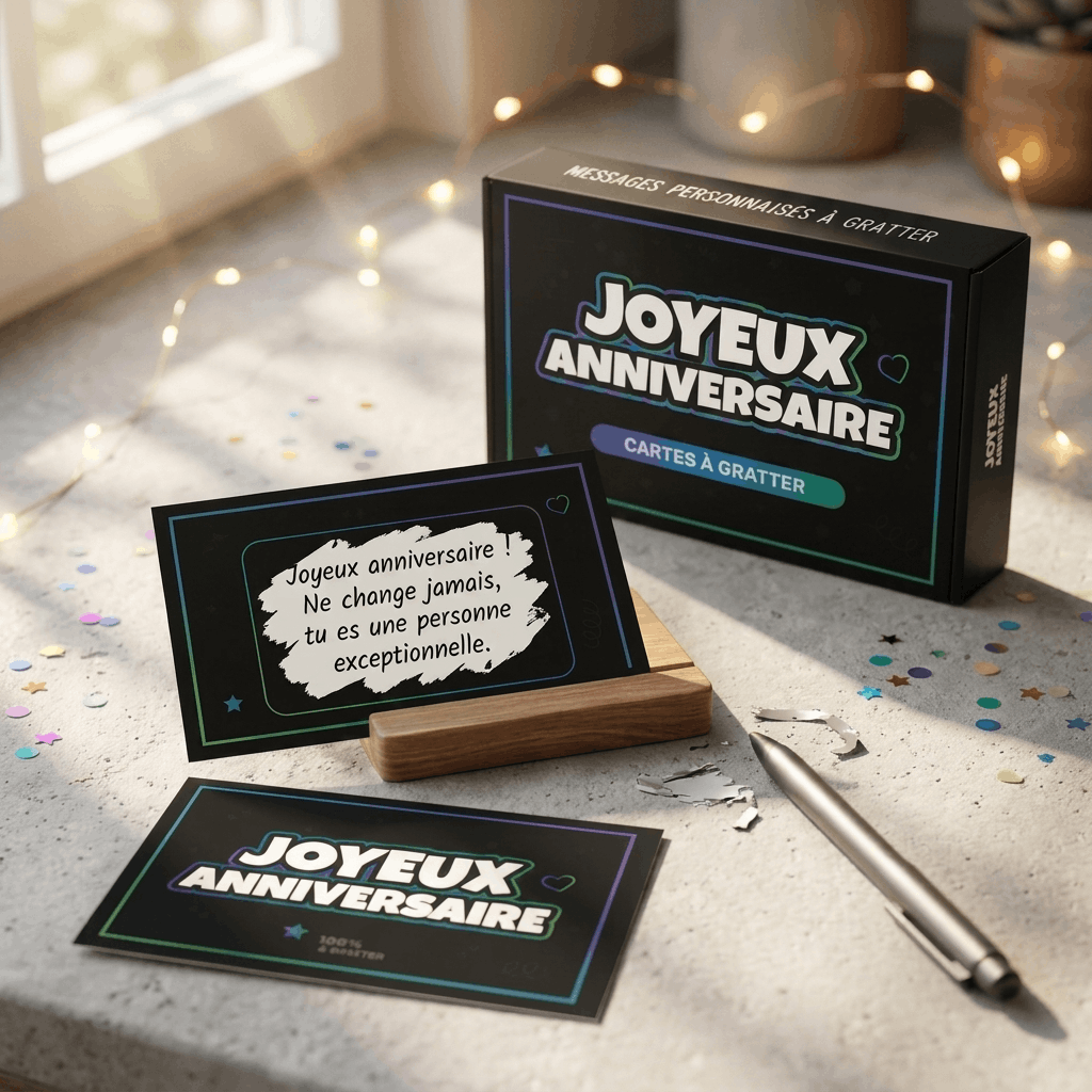 Carte à gratter anniversaire posée avec confettis et guirlande lumineuse