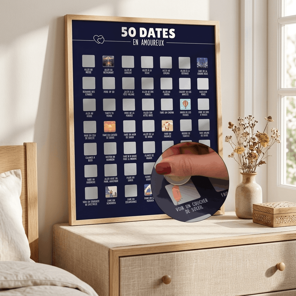 Affiche à gratter 50 dates en amoureux bleu marine, cadeau couple original