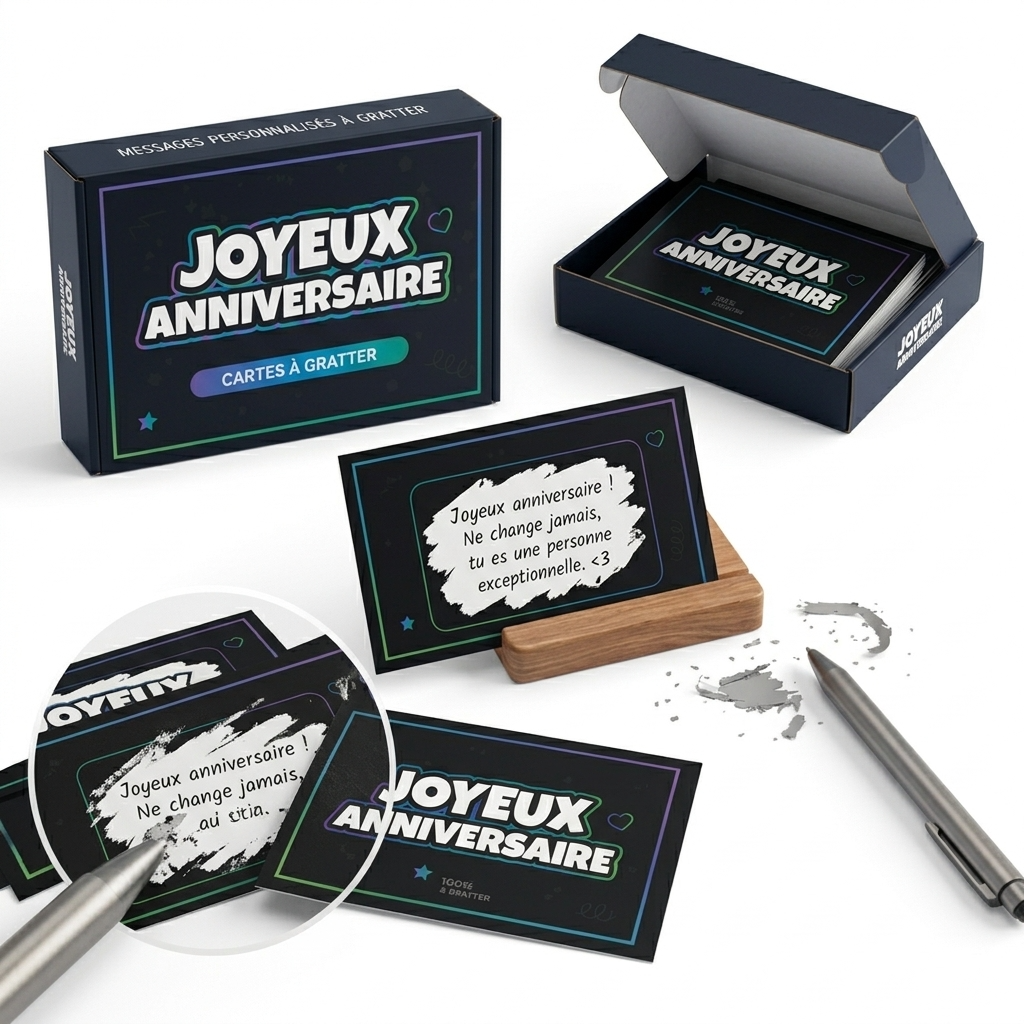 Main qui gratte une carte anniversaire pour révéler un message surprise