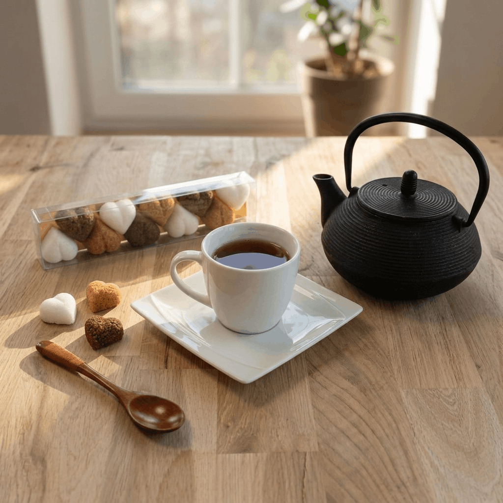 Sucres cœurs artisanaux avec théière fonte et tasse de thé, ambiance cosy