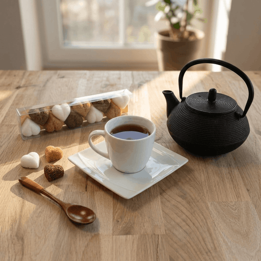Sucres cœurs artisanaux avec théière fonte et tasse de thé, ambiance cosy