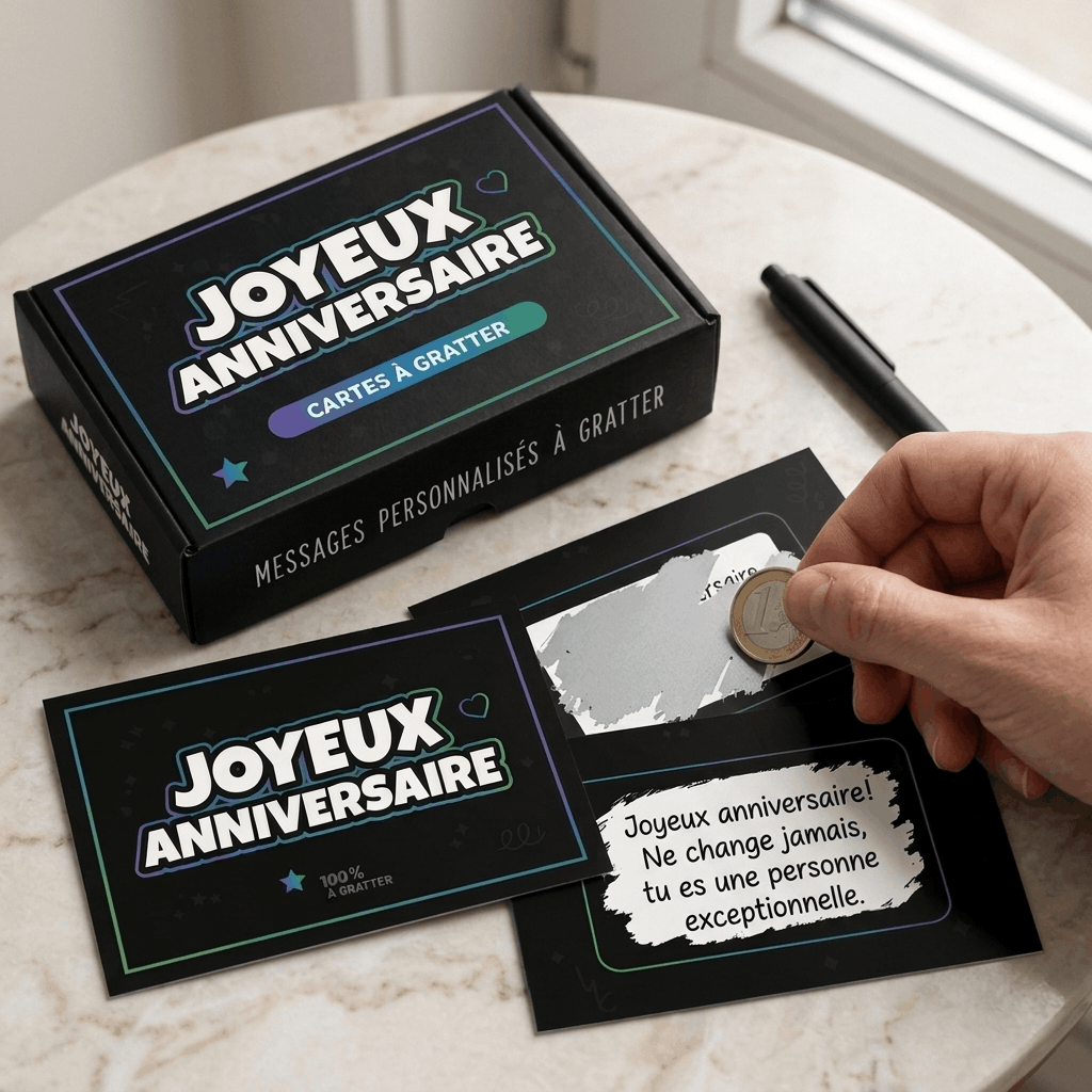Carte à gratter Joyeux Anniversaire noire et néon avec message caché à offrir