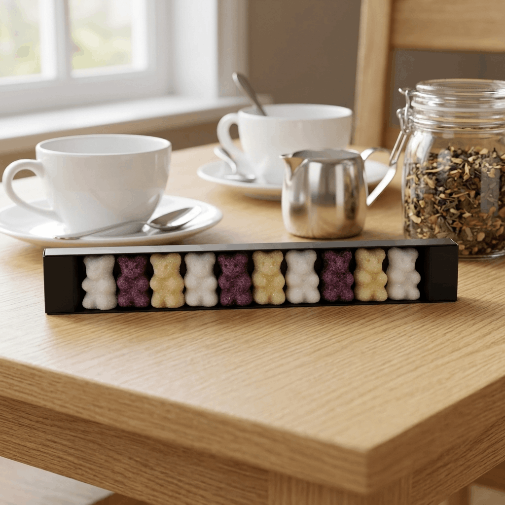 Réglette de 10 sucres en forme d'ourson blancs et colorés, faits main en France