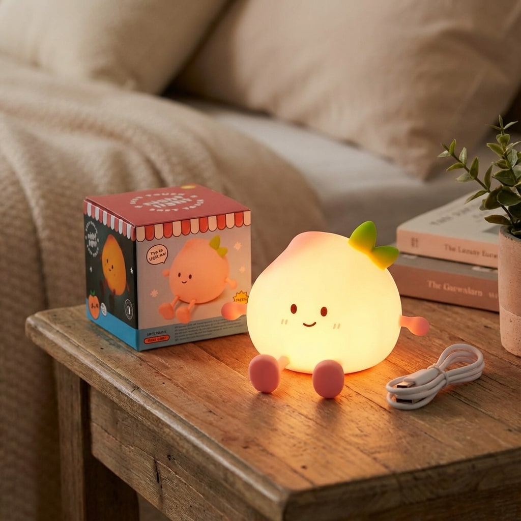 Main qui allume la veilleuse pêche kawaii par simple toucher