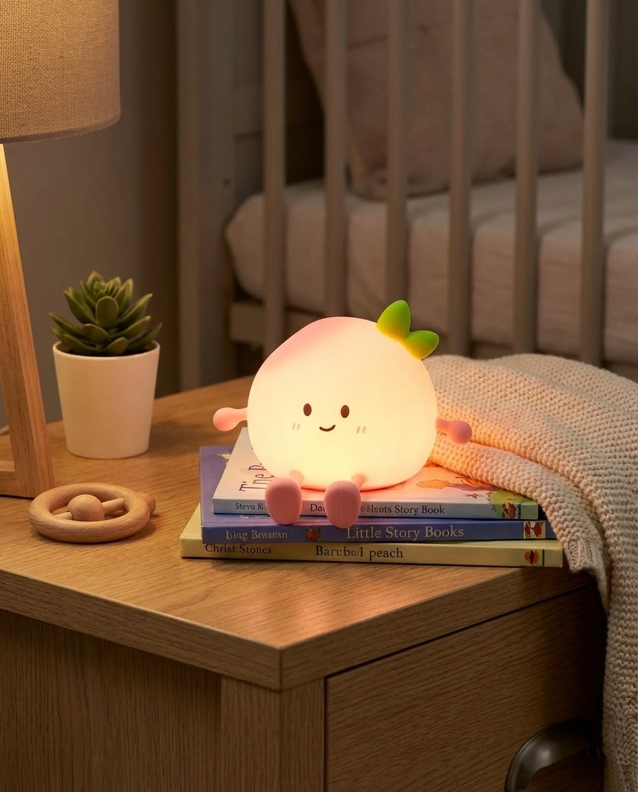 Veilleuse pêche kawaii LED allumée posée sur une table